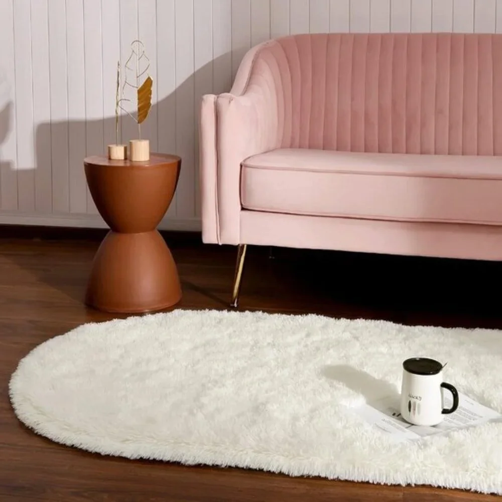 New 2.6x5.3 Fluffy Cream Rug, Soft Oval Shag Carpet for Home, Bedroom & Nursery